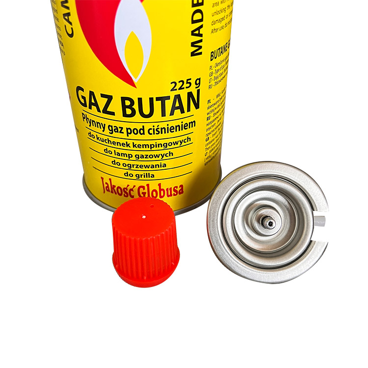 Válvula de estufa de gas portátil y válvula de cartucho de gas butano y tapas rojas con válvula de pulverización de lata de gas LPG